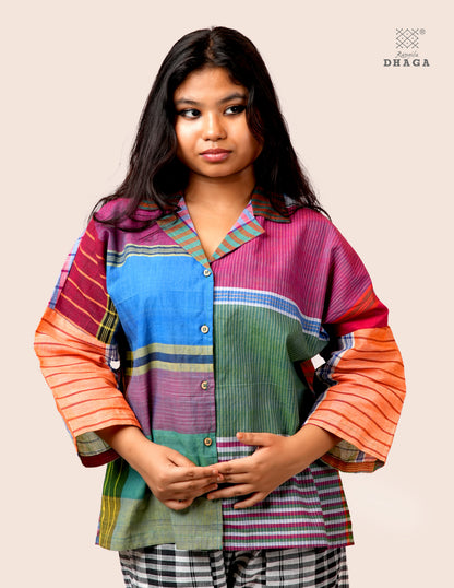 Women’s Oversized Gamcha Cotton Jacket | Handloom Front Open Top  S02– Rangila Dhaga