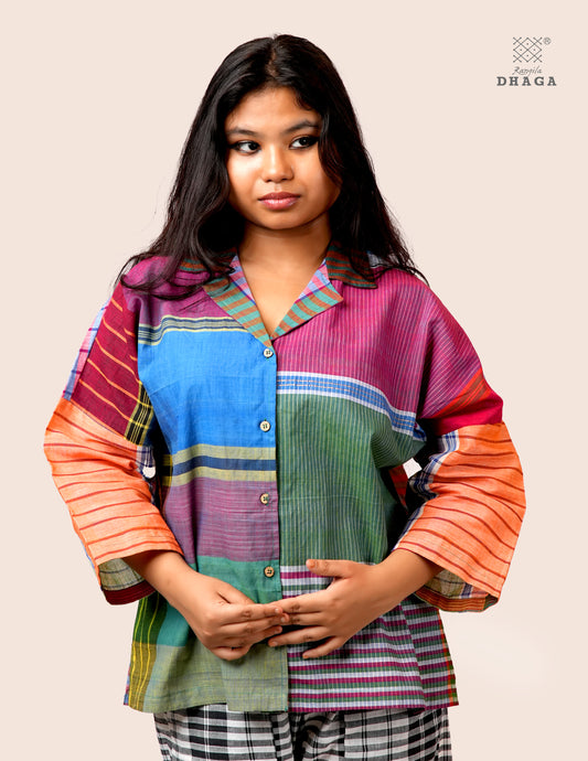 Women’s Oversized Gamcha Cotton Jacket | Handloom Front Open Top  S02– Rangila Dhaga