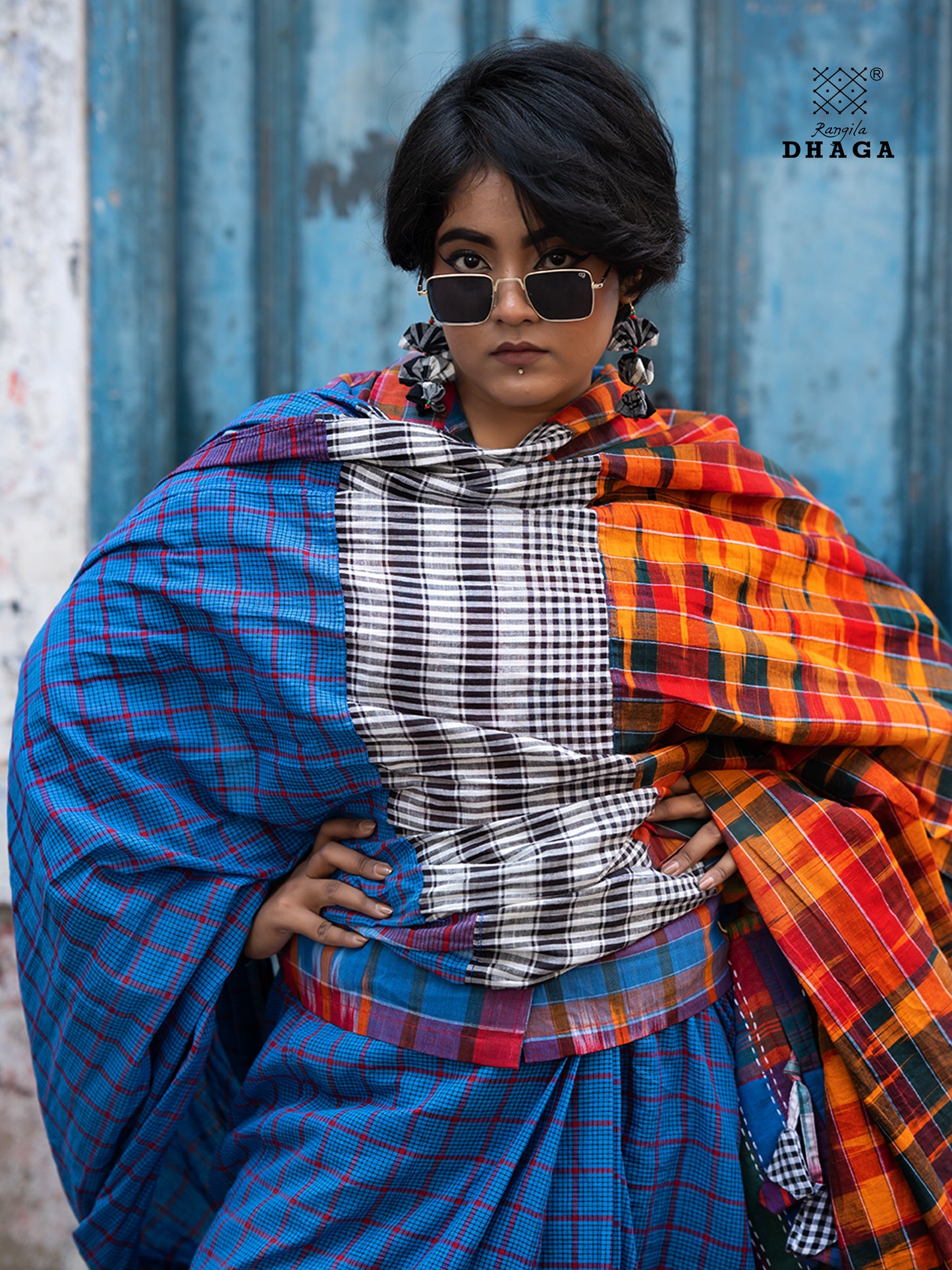 Patchwork Saree Gamcha Fashion Handloom Cotton Fabric  Blue & Red Multicolor GS114