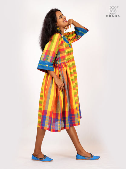 Handembroidered Handloom Gamcha Pintuck Yoke Gathered Dress | Artisan Cotton Dress with Pockets| Rangila Dhaga KD007