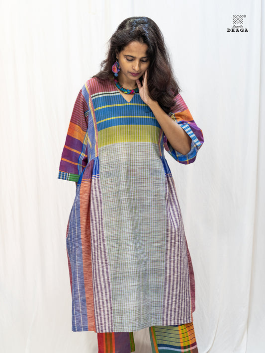 Multicolor Handloom Gamchha Free Size Dress with Pockets – Knee Length, Flared Fit D54
