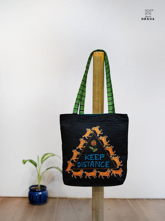 Handcrafted Gamcha Tote Bag – "Keep Distance" Embroidery  With Zipper Pocket Bag21