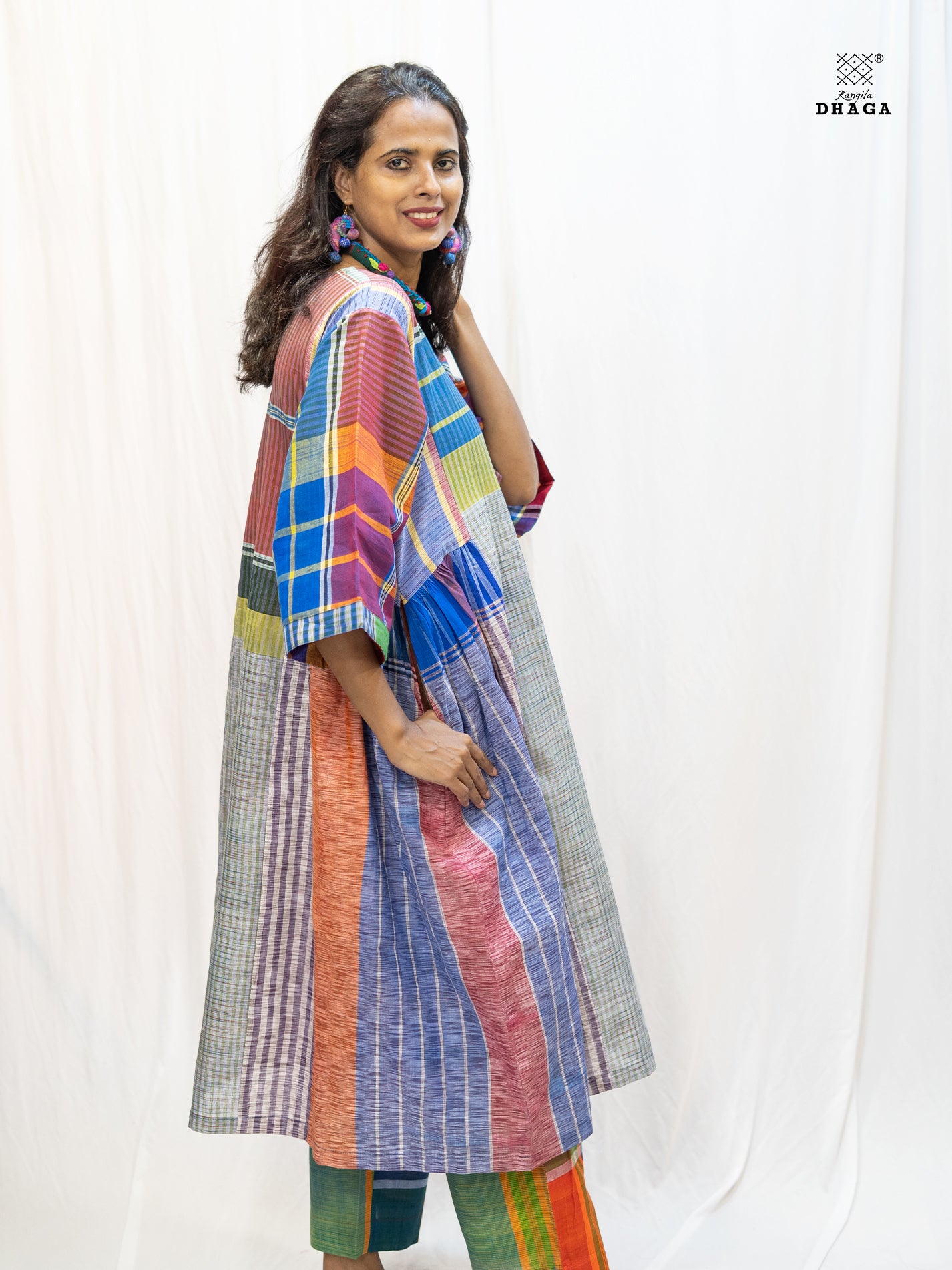 Multicolor Handloom Gamchha Free Size Dress with Pockets – Knee Length, Flared Fit D54
