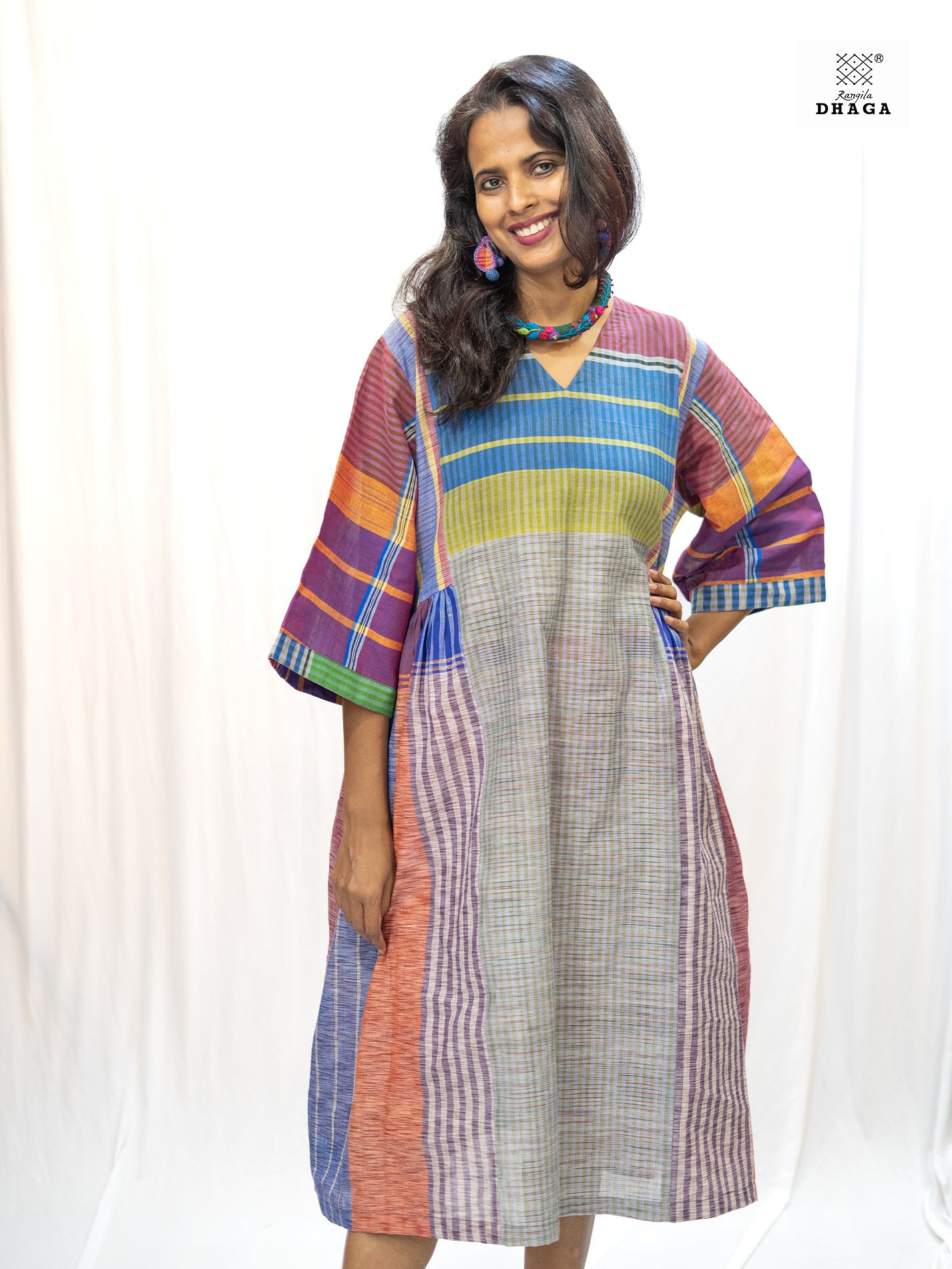 Multicolor Handloom Gamchha Free Size Dress with Pockets – Knee Length, Flared Fit D54