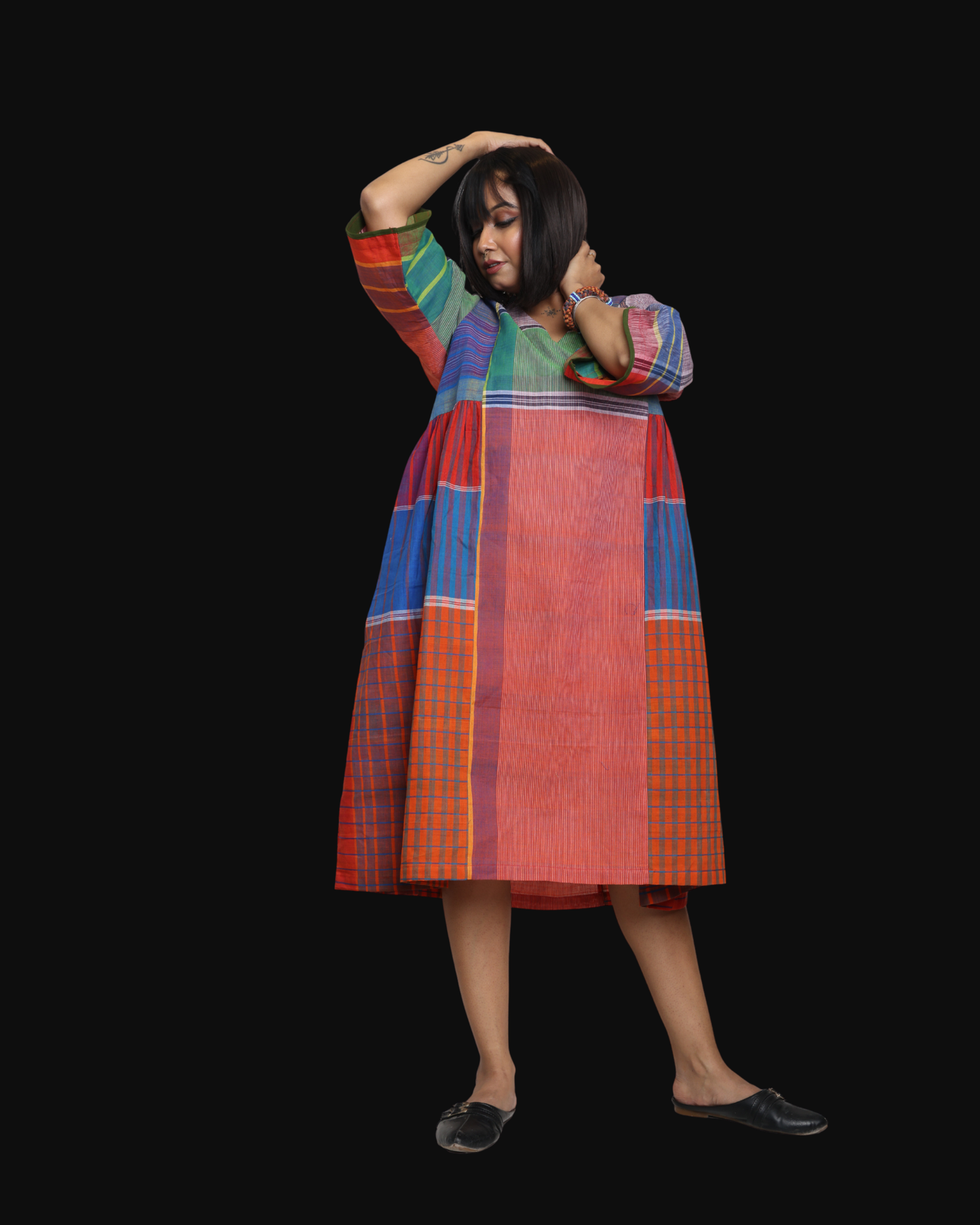 Handloom Cotton Gamcha Atrangi Multicolor Dress With Bothside Pockets