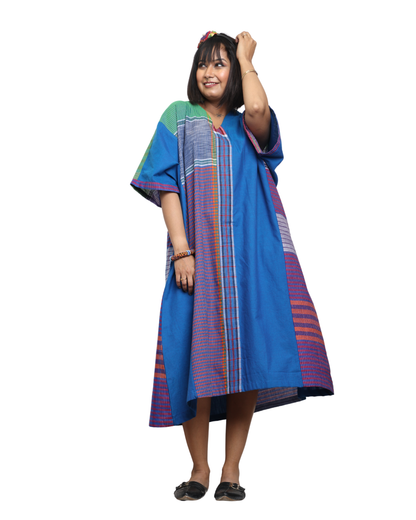 Handloom Blue Cotton &amp; Multicolor Gamcha Patchwork Dress