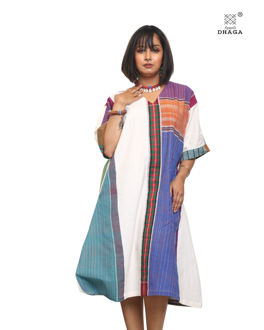 Handloom white cotton & multicolor gamcha patchwork free size dress with pockes- KD05