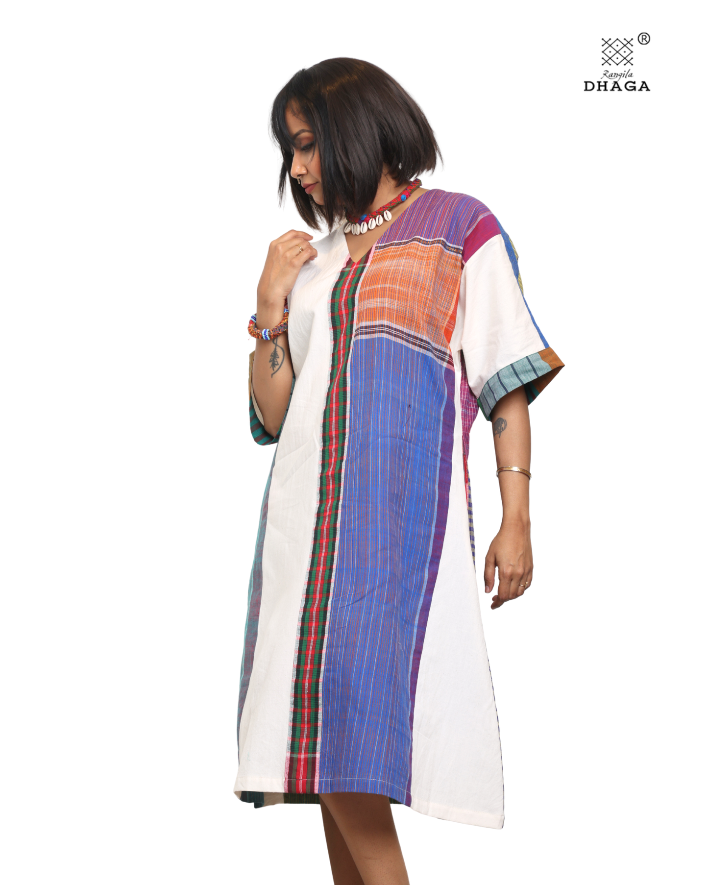 Handloom white cotton & multicolor gamcha patchwork free size dress with pockes- KD05
