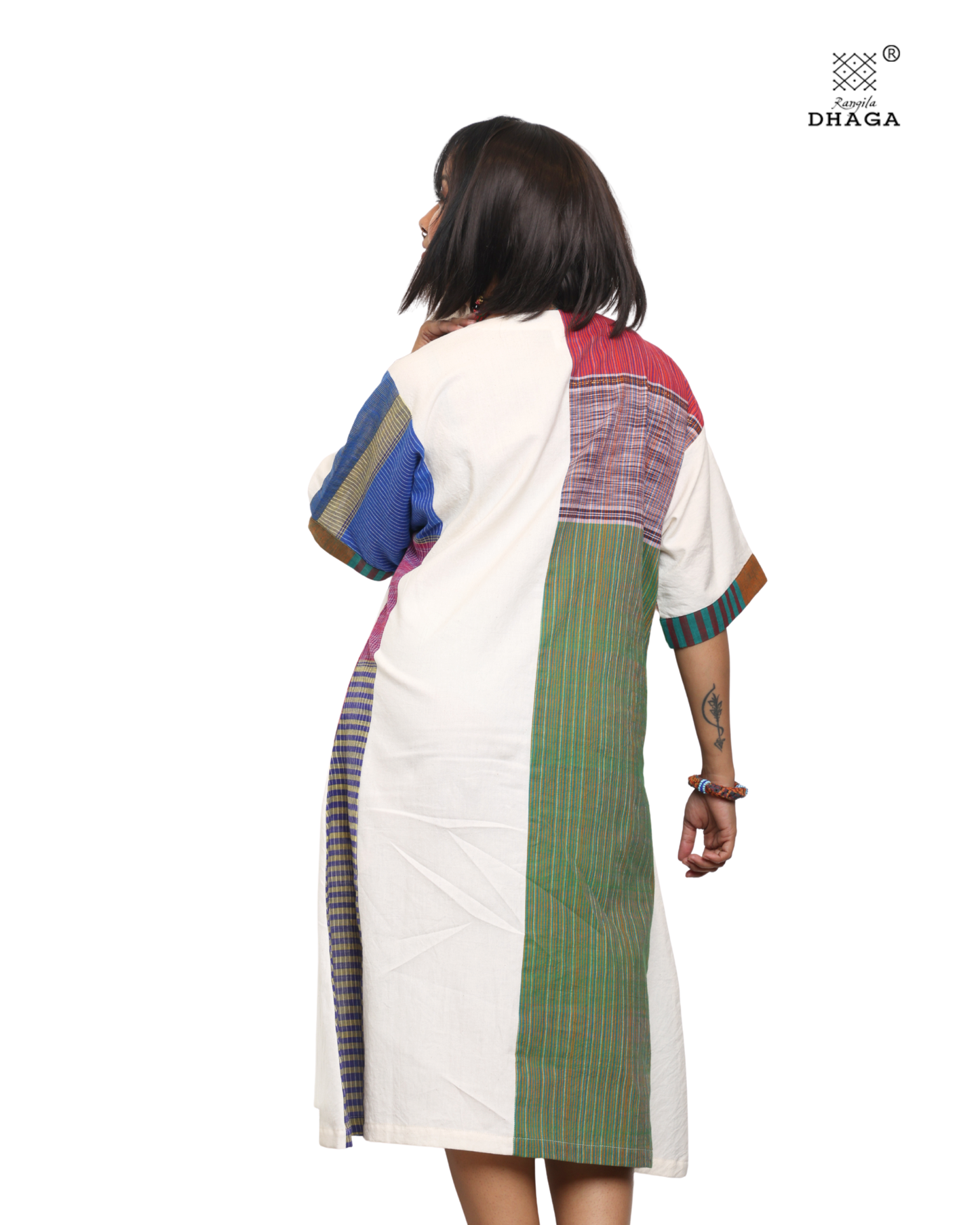 Handloom white cotton & multicolor gamcha patchwork free size dress with pockes- KD05