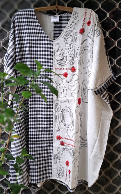 Hand Embroidered Gamcha Cotton Kaftan Dress (White) D065