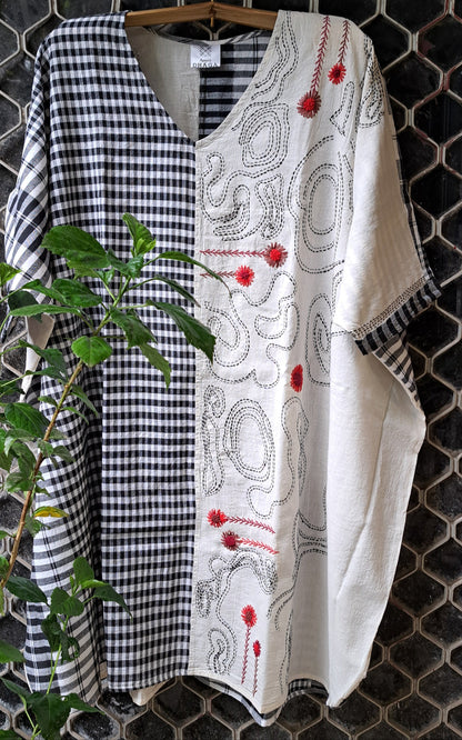 Hand Embroidered Gamcha Cotton Kaftan Dress (White) D065