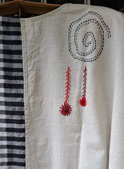 Hand Embroidered Gamcha Cotton Kaftan Dress (White) D065
