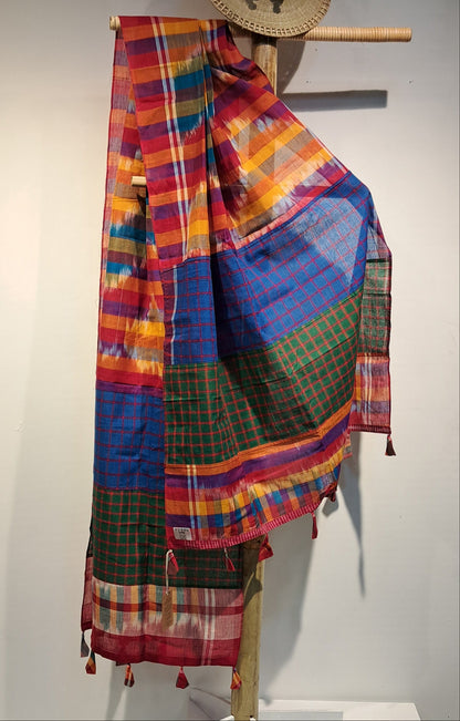 Patch work Gamcha Fashion Handloom Cotton Dupatta DP17( Red blue Multicolor)