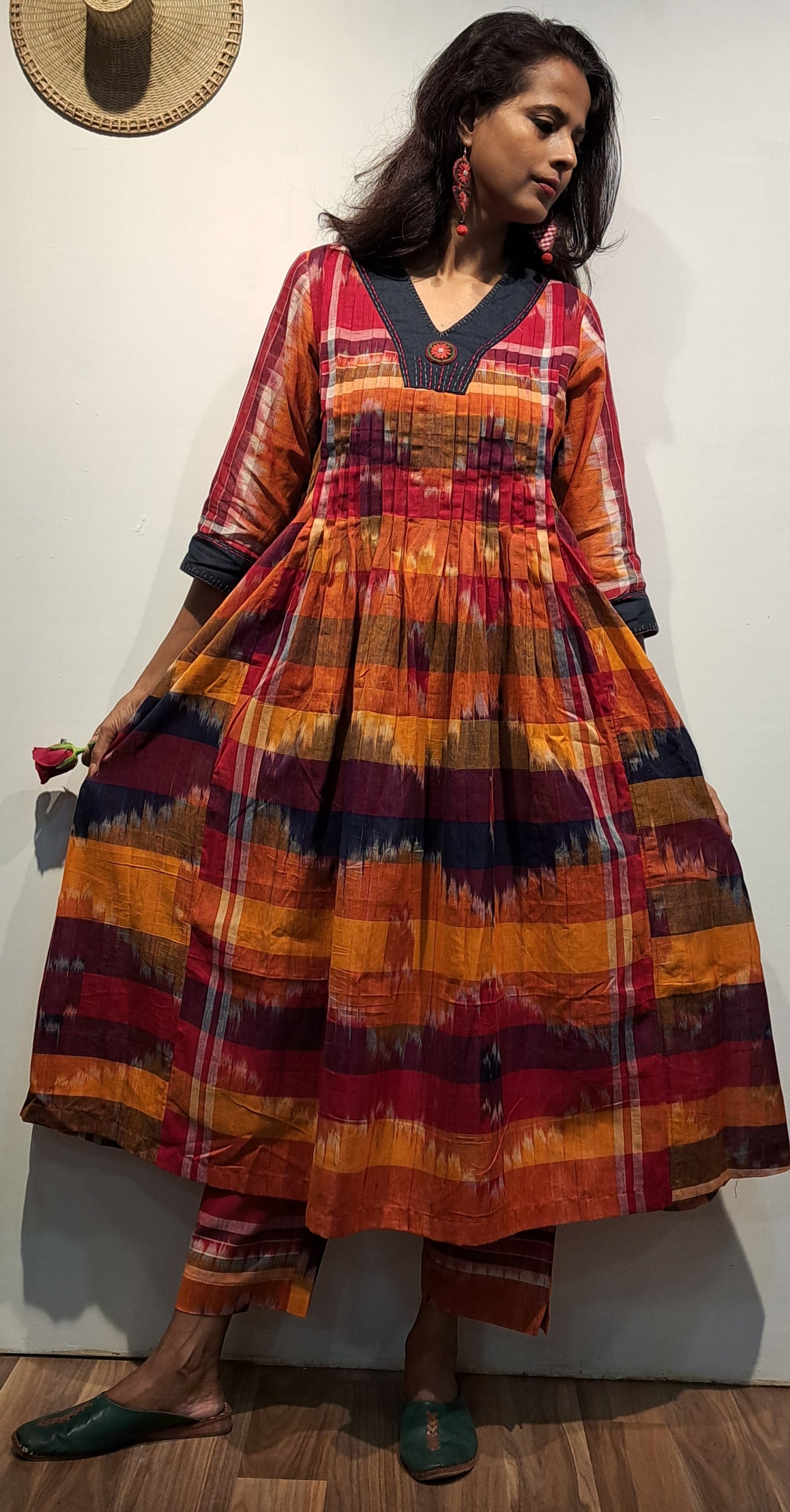 Hand-Embroidered Multicolor Gamcha Cotton Dress – Kotki (ikkat)  2 Pockets Red D45
