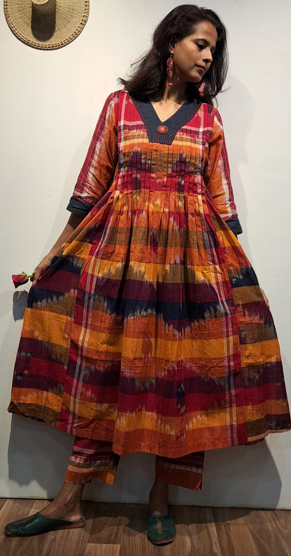 Hand-Embroidered Multicolor Gamcha Cotton Dress – Kotki (ikkat)  2 Pockets Red D45