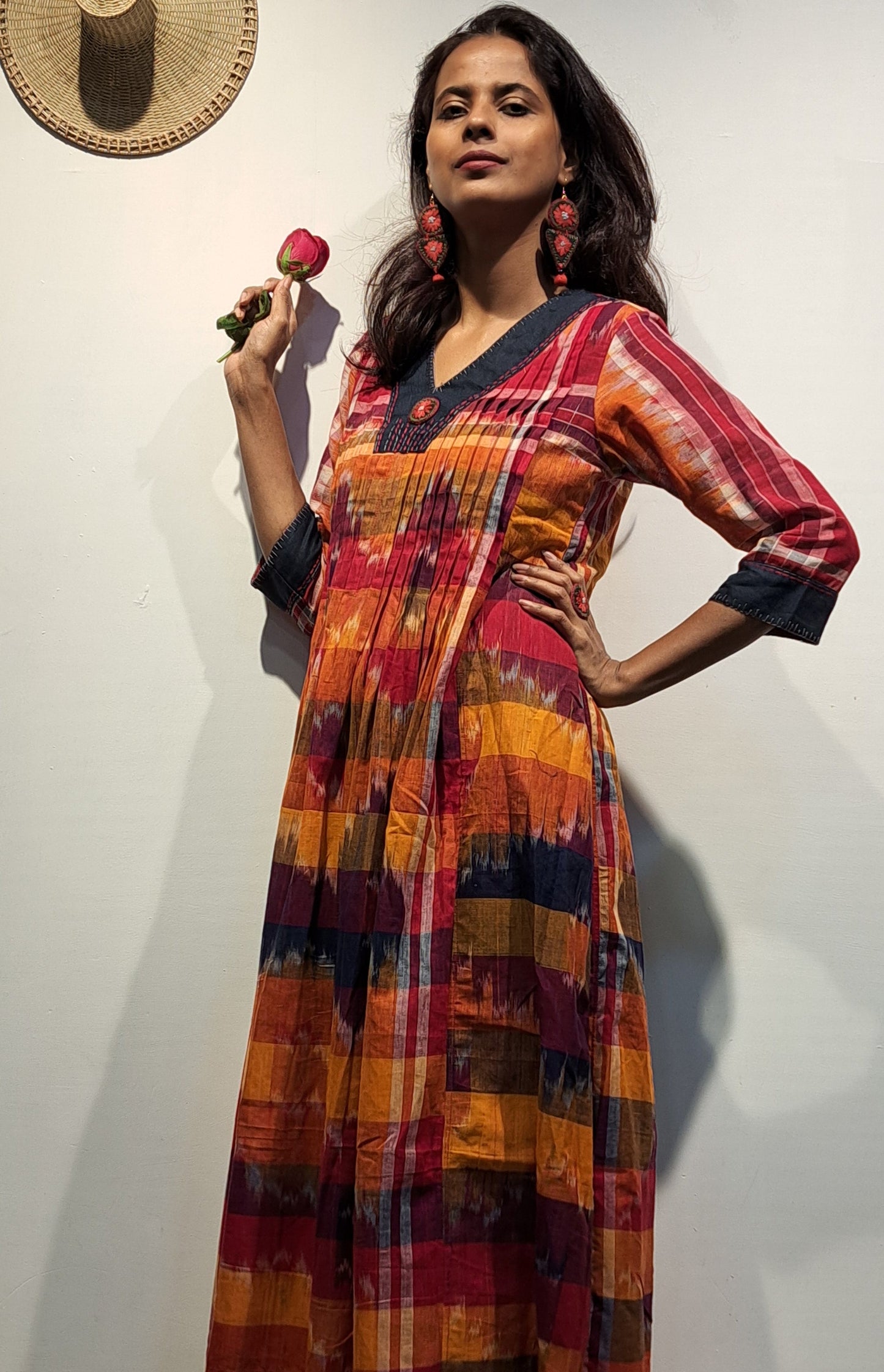 Hand-Embroidered Multicolor Gamcha Cotton Dress – Kotki (ikkat)  2 Pockets Red D45