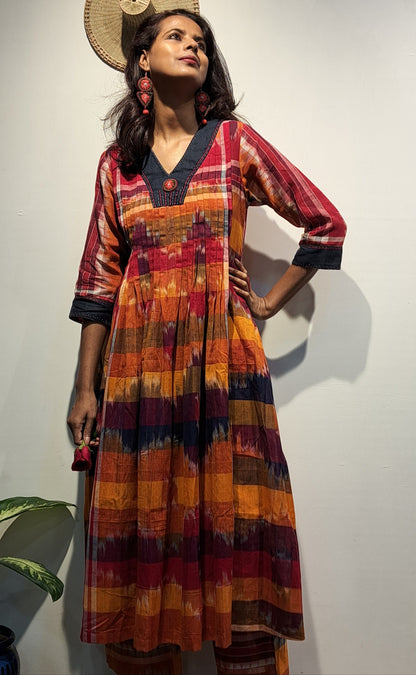 Hand-Embroidered Multicolor Gamcha Cotton Dress – Kotki (ikkat)  2 Pockets Red D45