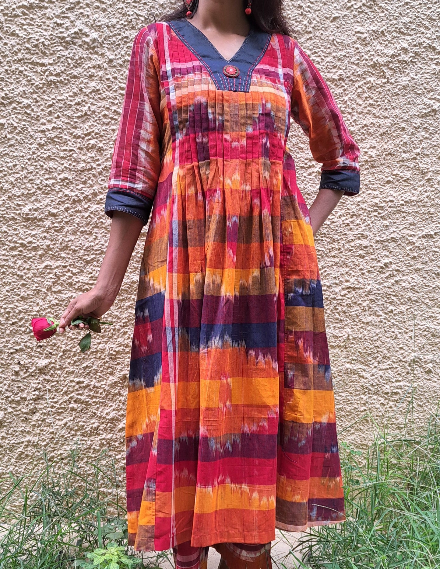Hand-Embroidered Multicolor Gamcha Cotton Dress – Kotki (ikkat)  2 Pockets Red D45