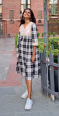 Monochrome Charm – Handloom Checkered Cotton Dress with Embroidered Fish & Pockets D42