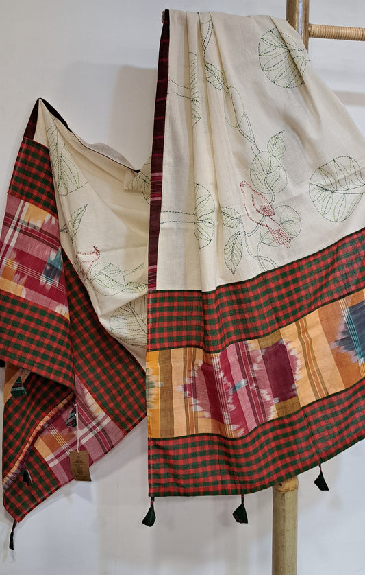 Handloom Embroidered Gamchha Cotton Dupatta – Leaf & Bird Motif  DP