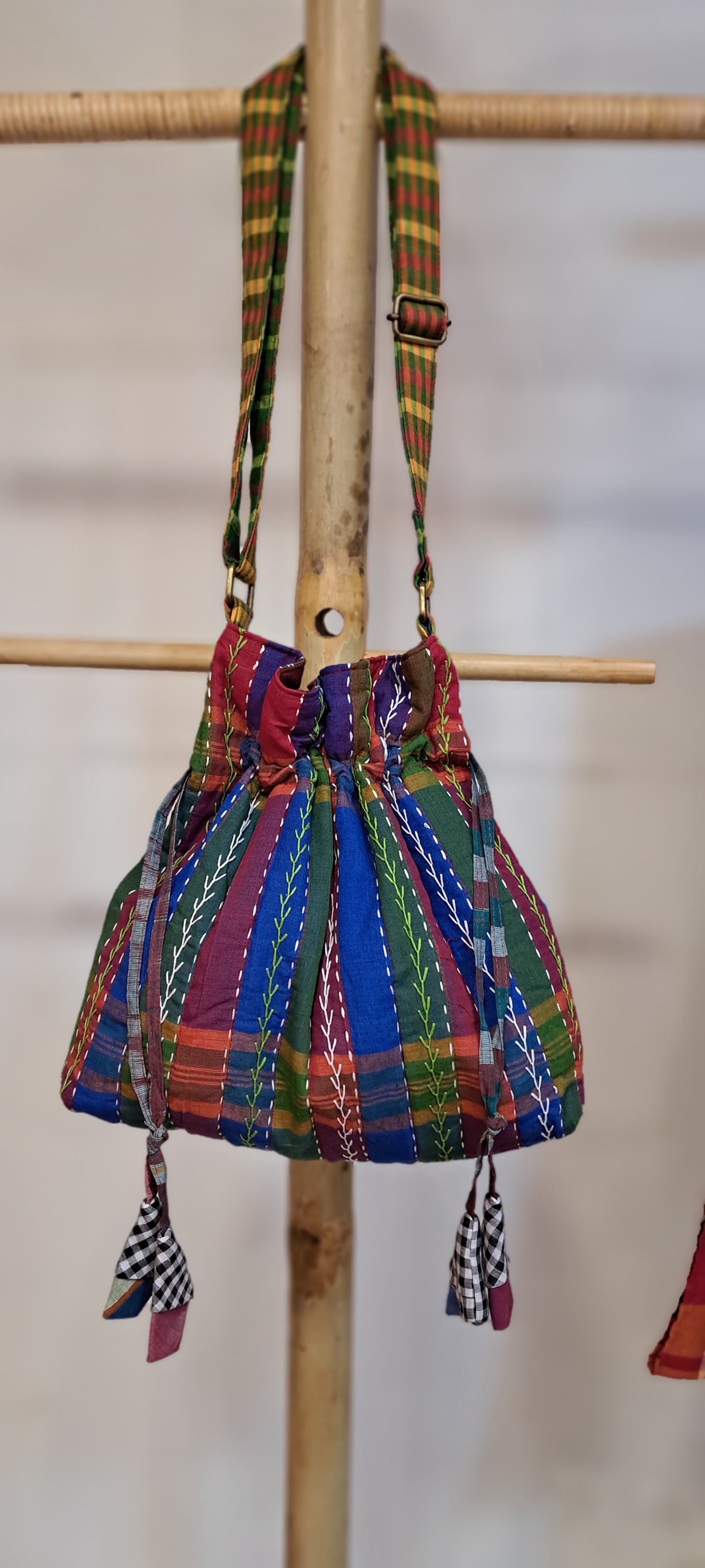 Handcrafted Gamcha Potli Sling Bag with Kantha Hand Embroidery & Drawstring Closure | Rangila Dhaga B