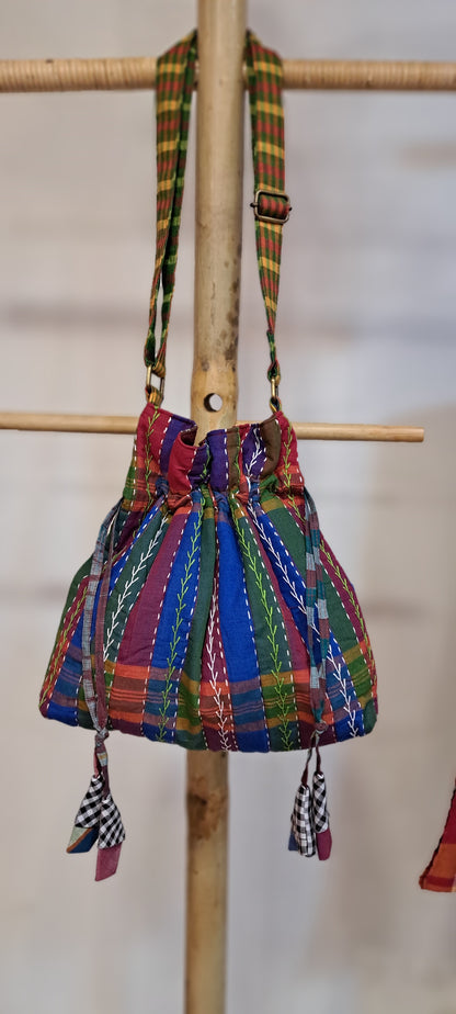 Handcrafted Gamcha Potli Sling Bag with Kantha Hand Embroidery & Drawstring Closure | Rangila Dhaga B
