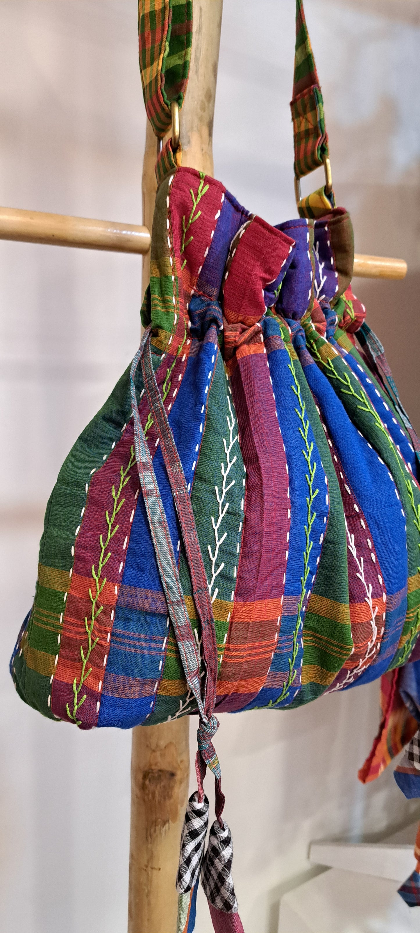 Handcrafted Gamcha Potli Sling Bag with Kantha Hand Embroidery & Drawstring Closure | Rangila Dhaga B