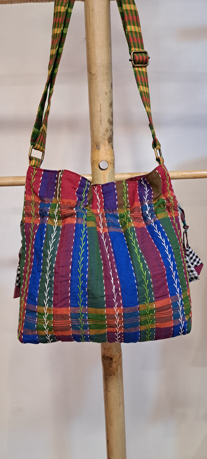 Handcrafted Gamcha Potli Sling Bag with Kantha Hand Embroidery & Drawstring Closure | Rangila Dhaga B