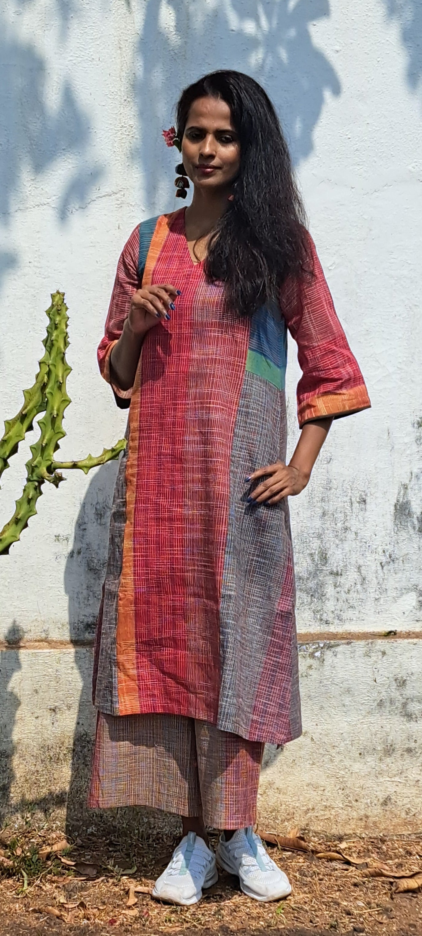 Kurta with pant for Women  Gamcha Fashion Handloom Cotton Fabric White and Green Check D45