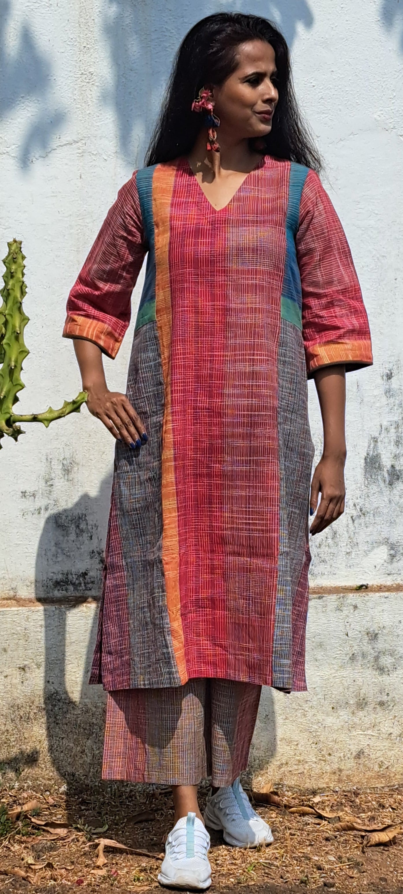 Kurta with pant for Women  Gamcha Fashion Handloom Cotton Fabric White and Green Check D45