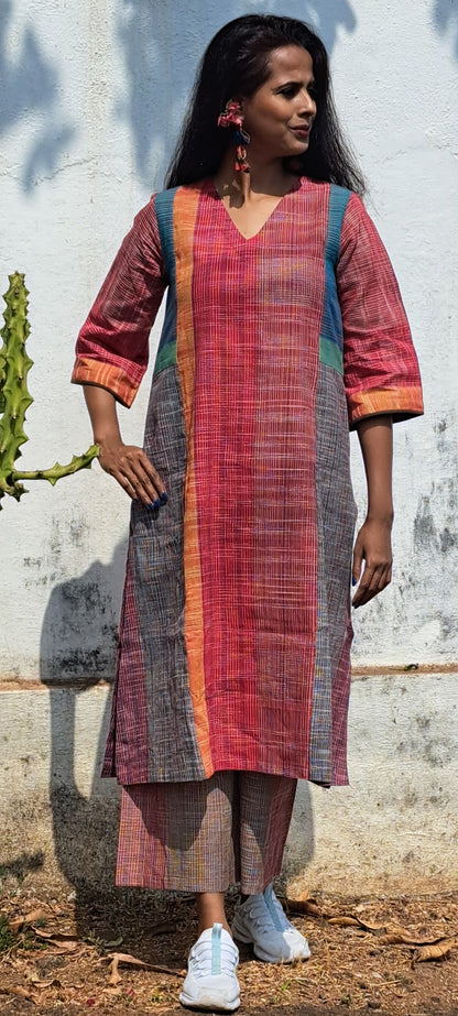 Kurta with pant for Women  Gamcha Fashion Handloom Cotton Fabric White and Green Check D45