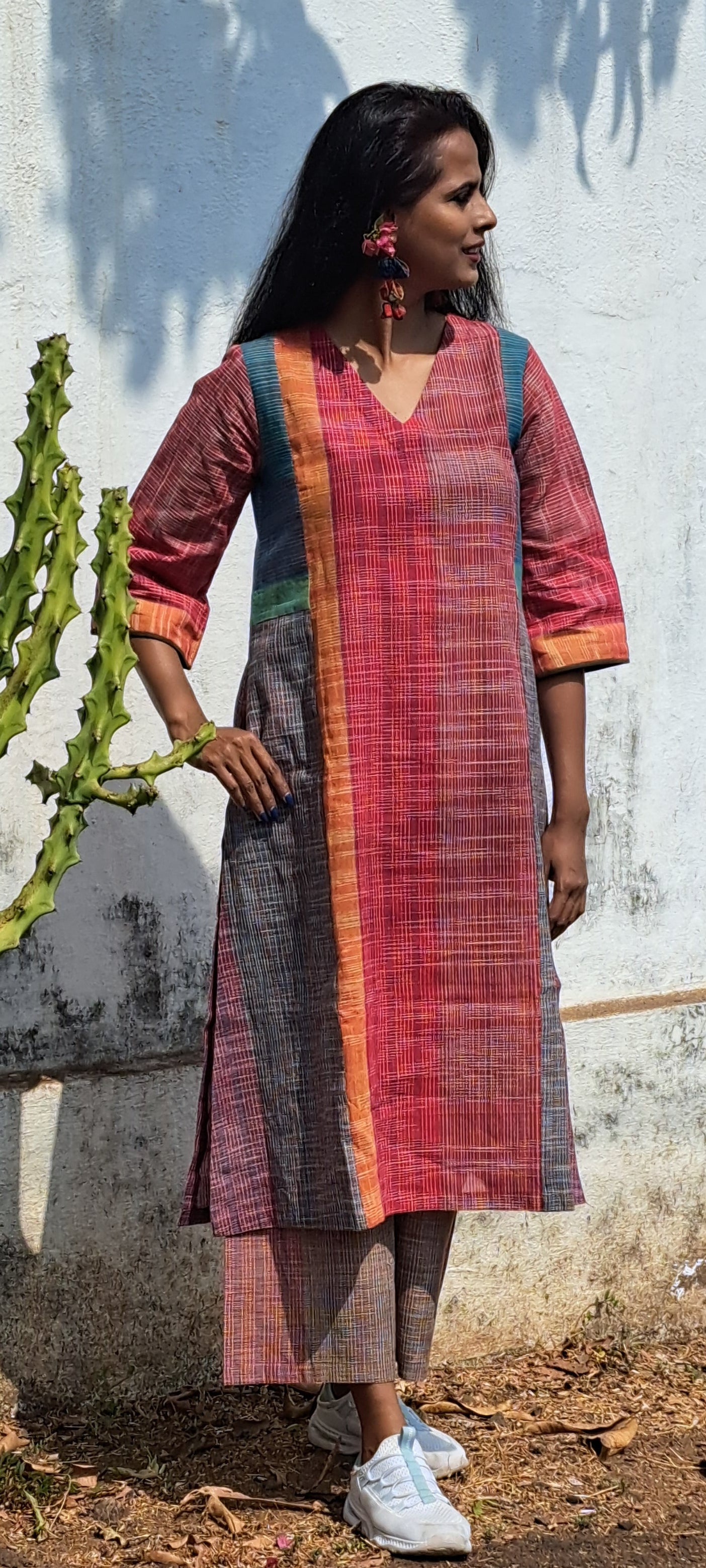 Kurta with pant for Women  Gamcha Fashion Handloom Cotton Fabric White and Green Check D45