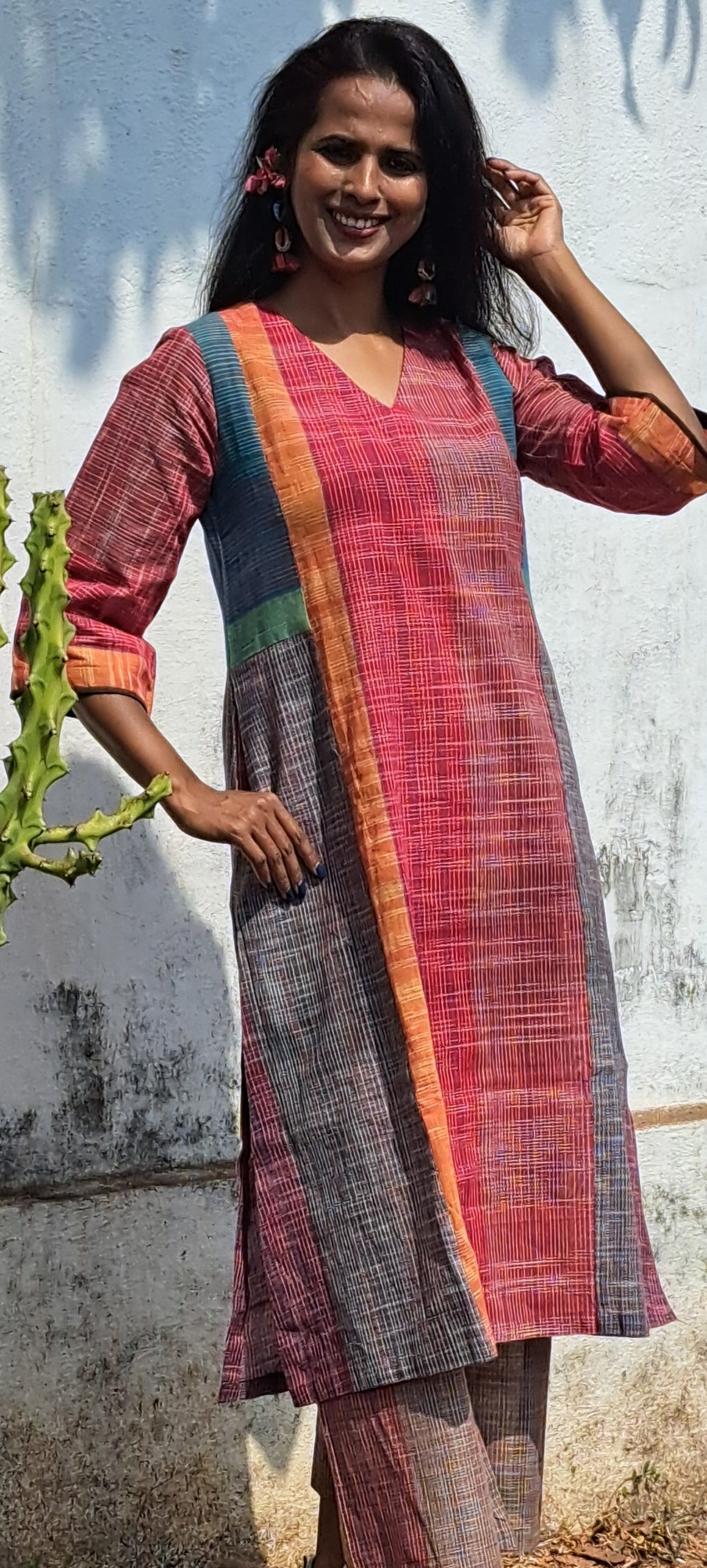 Kurta with pant for Women  Gamcha Fashion Handloom Cotton Fabric White and Green Check D45