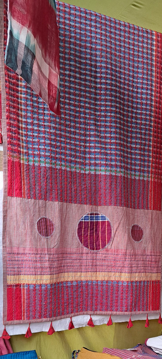 Hand Embroidered Patchwork Gamcha Dupatta in Off White & Green Checks | Artisan Crafted by Rangila Dhaga– Tassels (2.5m)- GD022