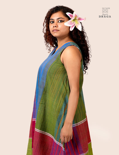 Handloom Gamcha Patchwork A-Line Dress with Cotton Lining, Both-Side Pockets & Handcrafted Bottom Tassels | Multicolor | Rangila Dhaga KD007