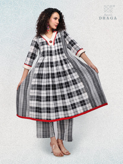 Hand-Embroidered Multicolor Gamcha Cotton Dress –   2 Pockets Black & White D50