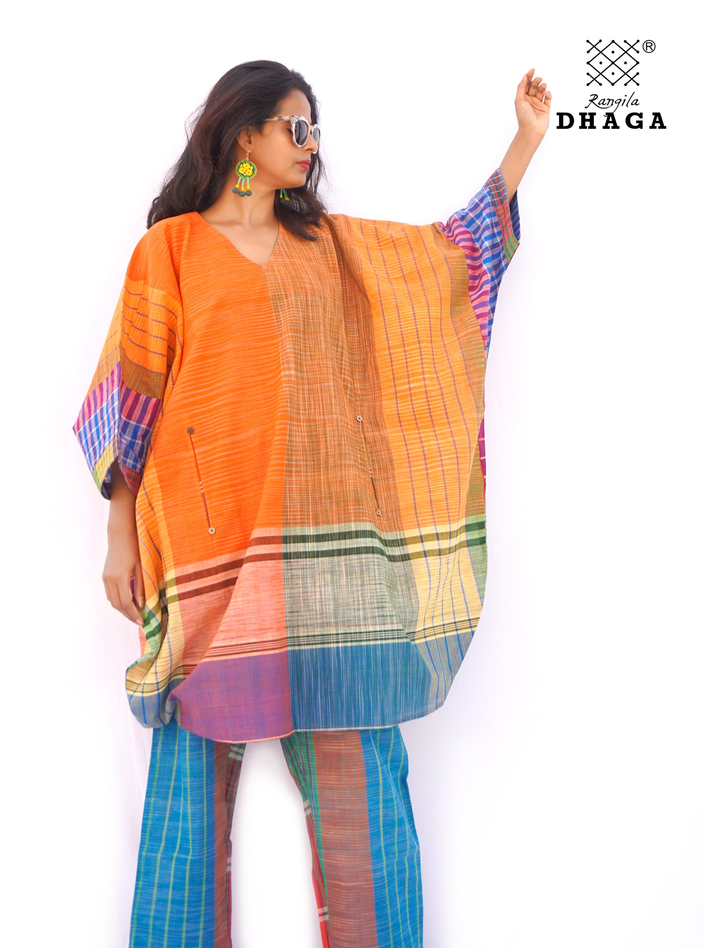 Kaftan Dress Long  Free Size  Gamcha Fashion Handloom Cotton (Orange and Yellow )  SHR102