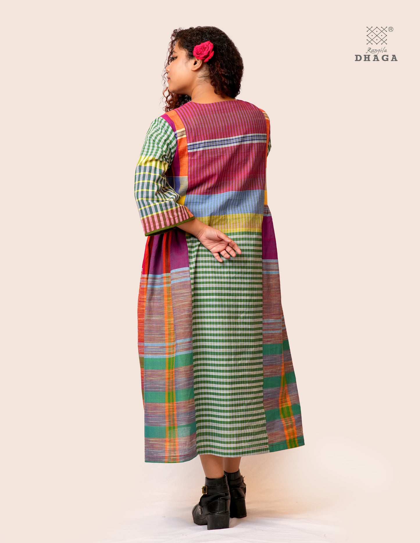 Hand Embroidered Multicolor Handloom Gamcha Dress | Artisan Cotton Dress | Rangila Dhaga | Rangila Dhaga KD003