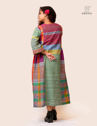 Hand Embroidered Multicolor Handloom Gamcha Dress | Artisan Cotton Dress | Rangila Dhaga | Rangila Dhaga KD003