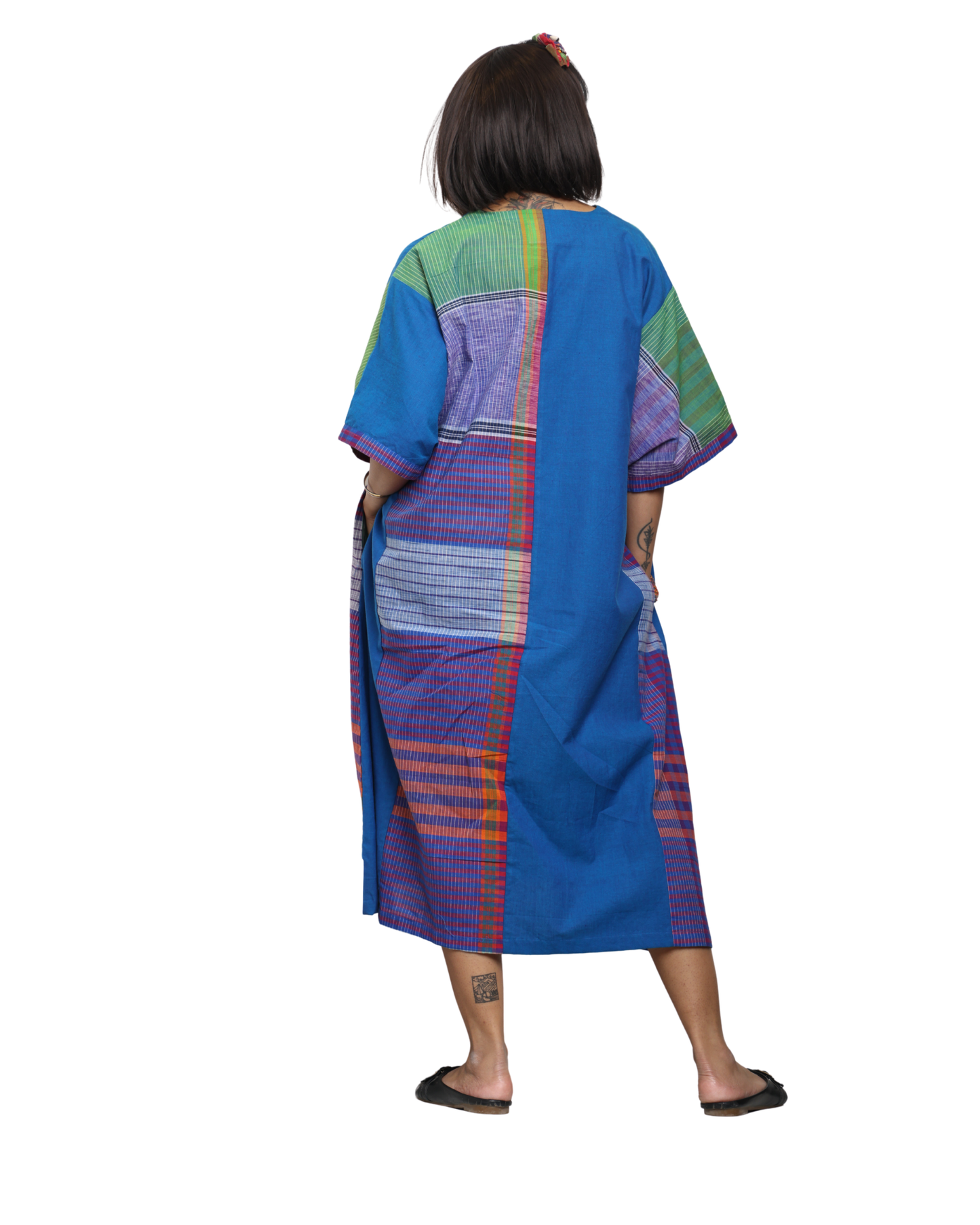 Handloom Blue Cotton &amp; Multicolor Gamcha Patchwork Dress