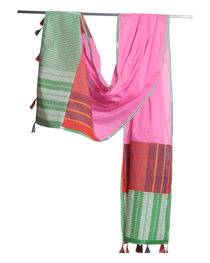 Rangila Dhaga Pink & Green Contrast Gamcha Dupatta with Tassels (2.5m) GD010