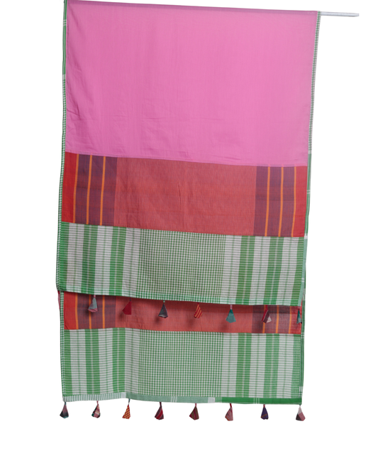 Rangila Dhaga Pink & Green Contrast Gamcha Dupatta with Tassels (2.5m) GD010