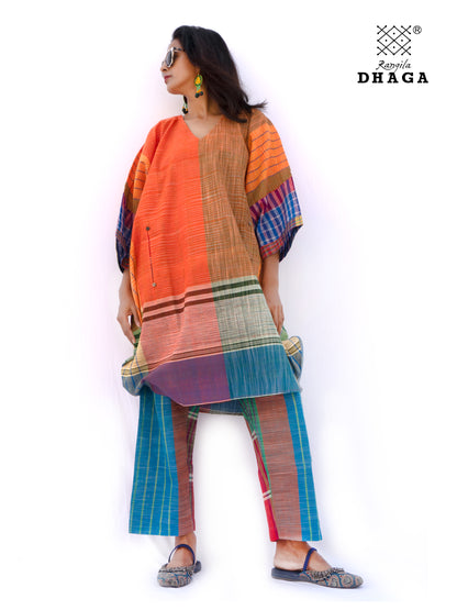 Kaftan Dress Long  Free Size  Gamcha Fashion Handloom Cotton (Orange and Yellow )  SHR102