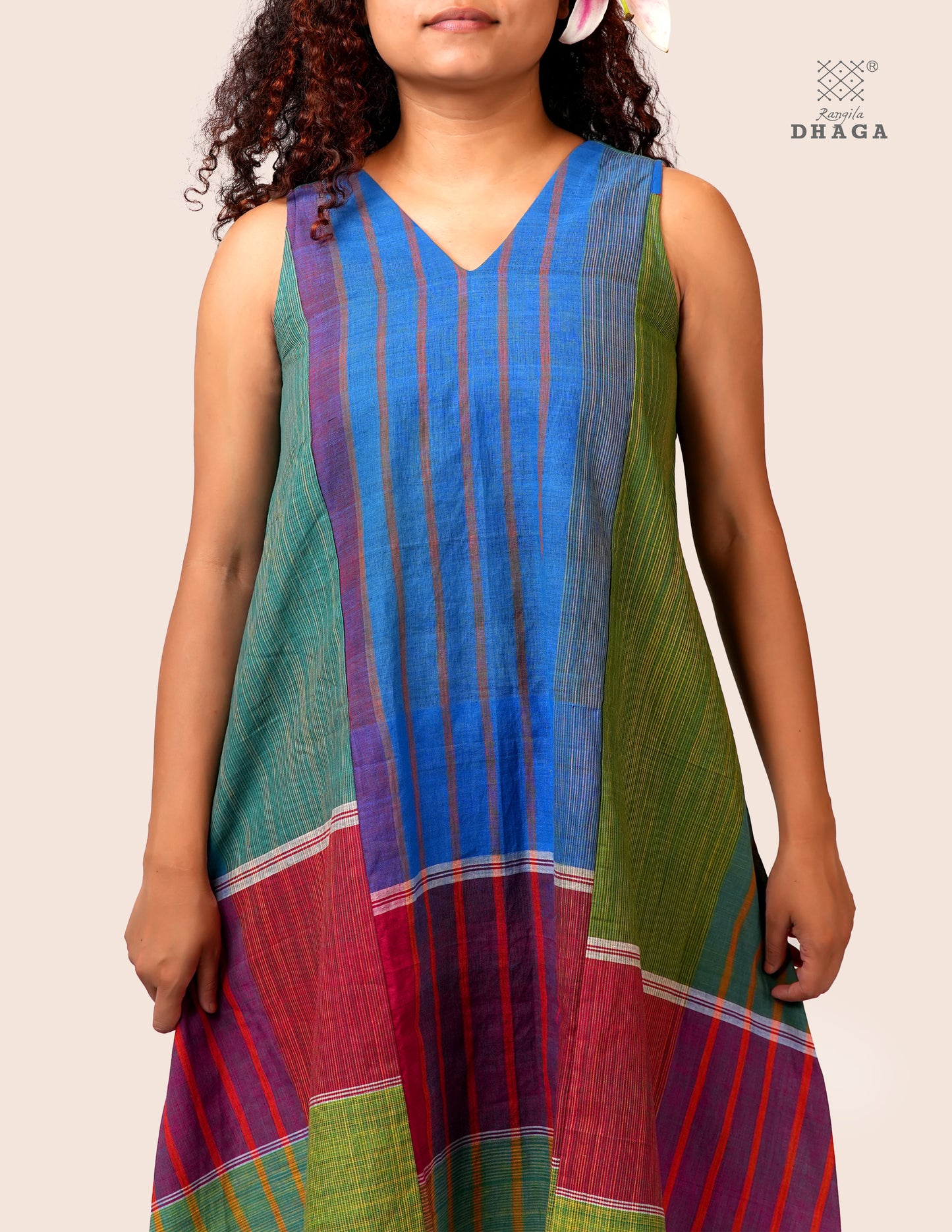 Handloom Gamcha Patchwork A-Line Dress with Cotton Lining, Both-Side Pockets & Handcrafted Bottom Tassels | Multicolor | Rangila Dhaga KD007