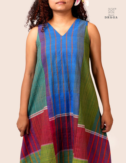 Handloom Gamcha Patchwork A-Line Dress with Cotton Lining, Both-Side Pockets & Handcrafted Bottom Tassels | Multicolor | Rangila Dhaga KD007