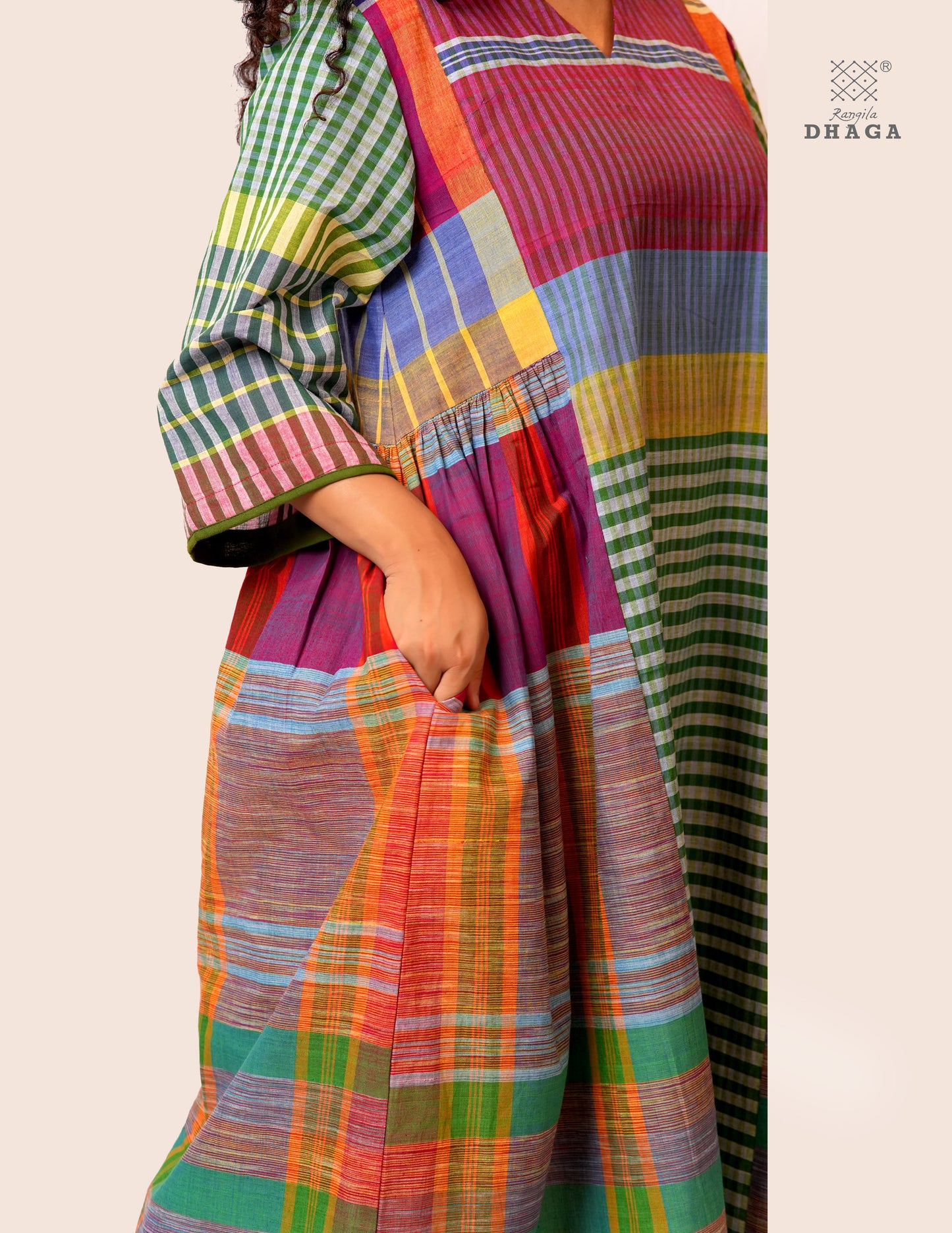 Hand Embroidered Multicolor Handloom Gamcha Dress | Artisan Cotton Dress | Rangila Dhaga | Rangila Dhaga KD003
