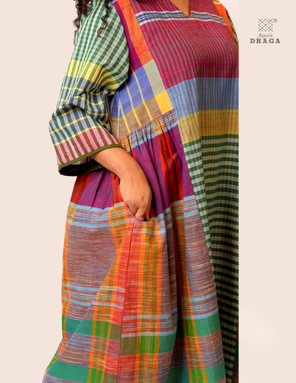 Hand Embroidered Multicolor Handloom Gamcha Dress | Artisan Cotton Dress | Rangila Dhaga | Rangila Dhaga KD003