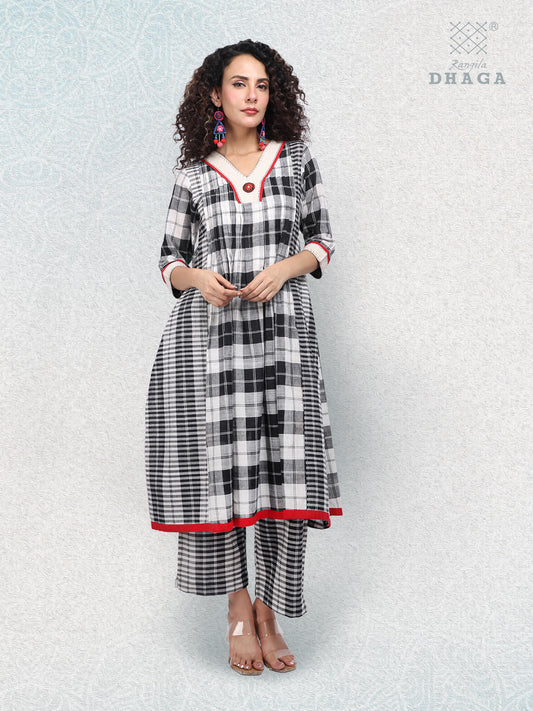 Hand-Embroidered Multicolor Gamcha Cotton Dress –   2 Pockets Black & White D50
