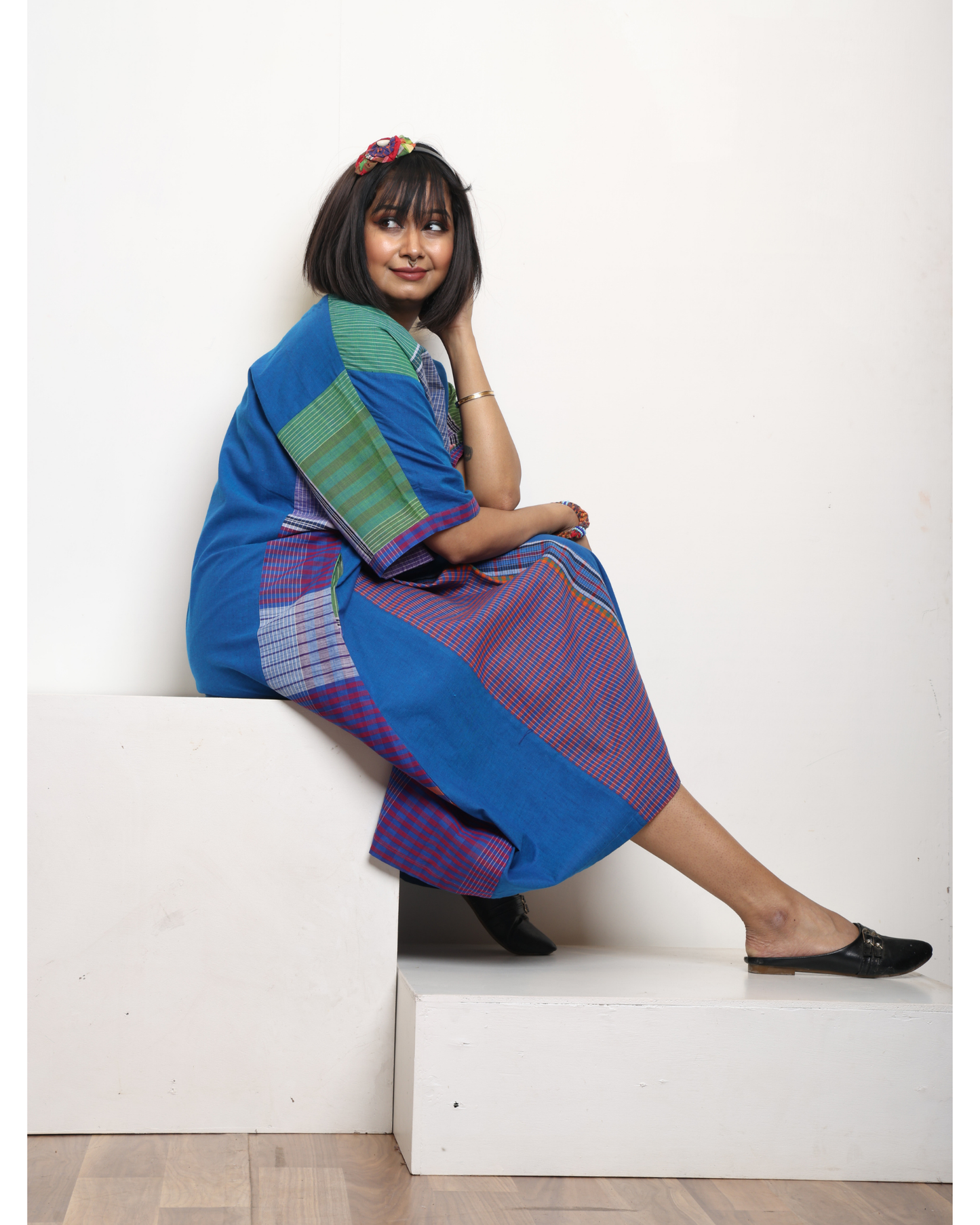 Handloom Blue Cotton &amp; Multicolor Gamcha Patchwork Dress