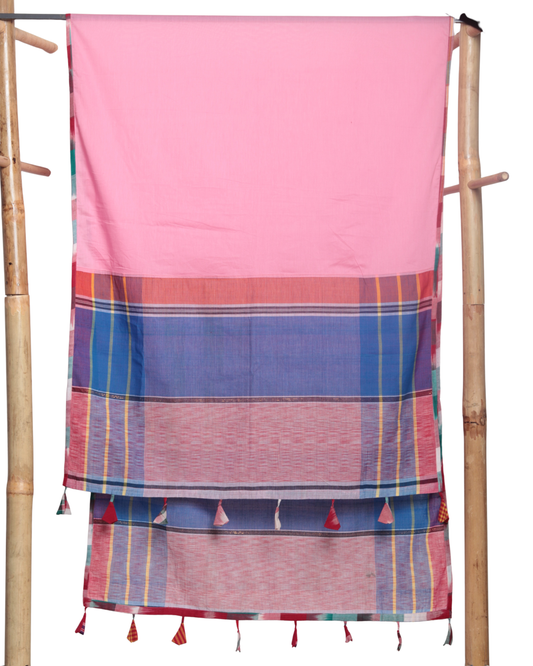 Rangila Dhaga Pastel Pink Gamcha Dupatta with Contrast Border & Tassels (2.5m)- GD009
